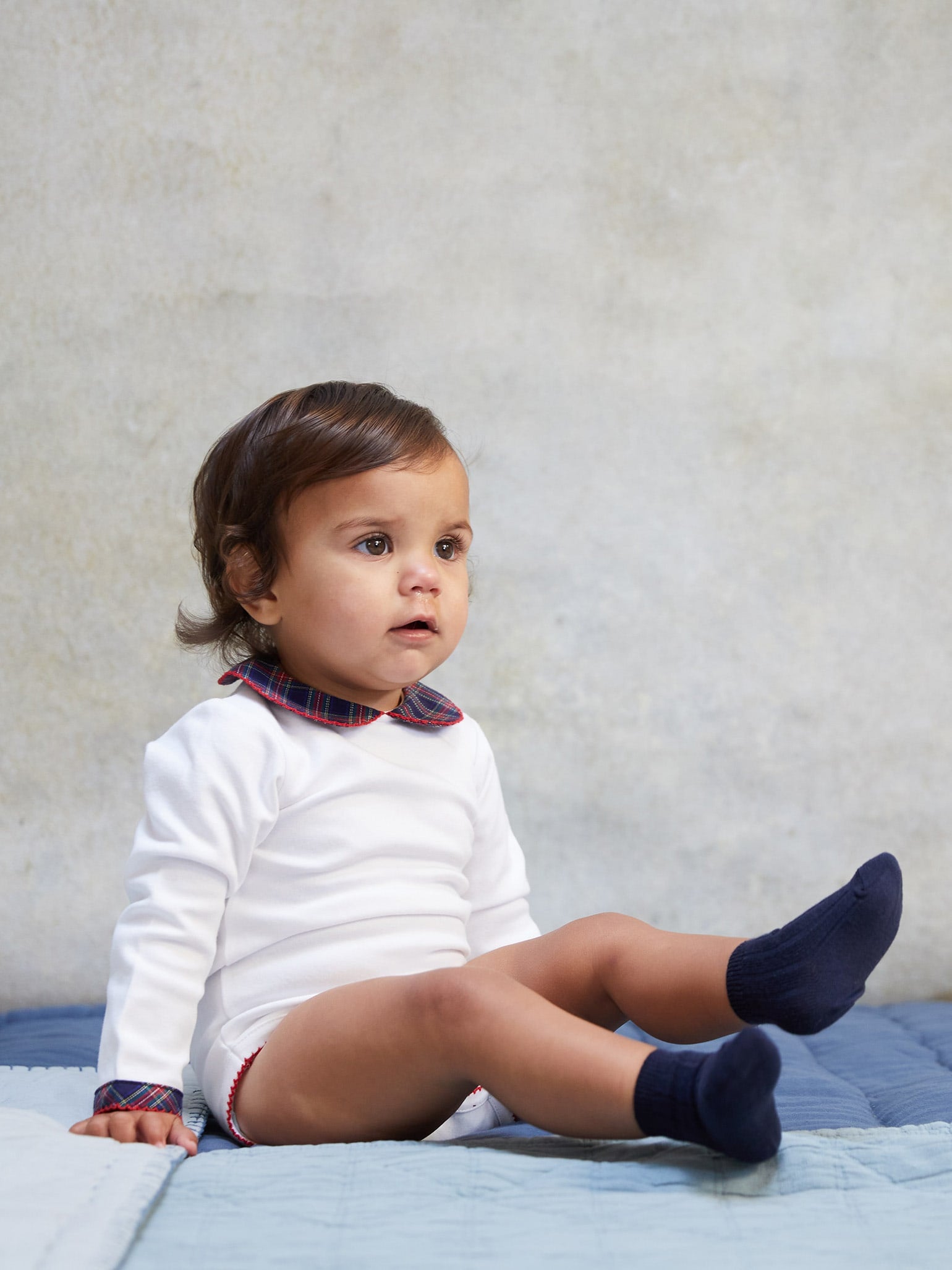Navy Tartan Bastia Long Sleeve Baby Body Vest