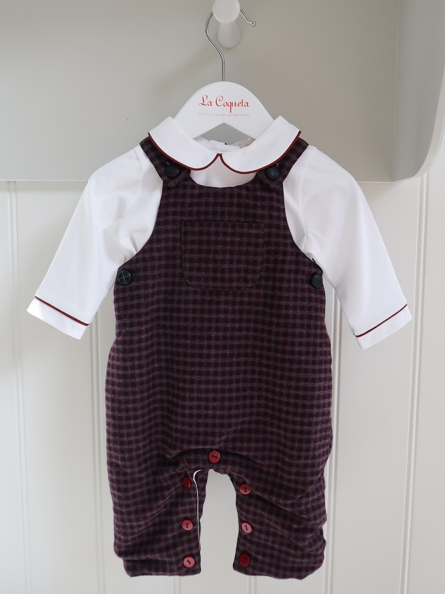 Burgundy Check Coroza Baby Dungarees