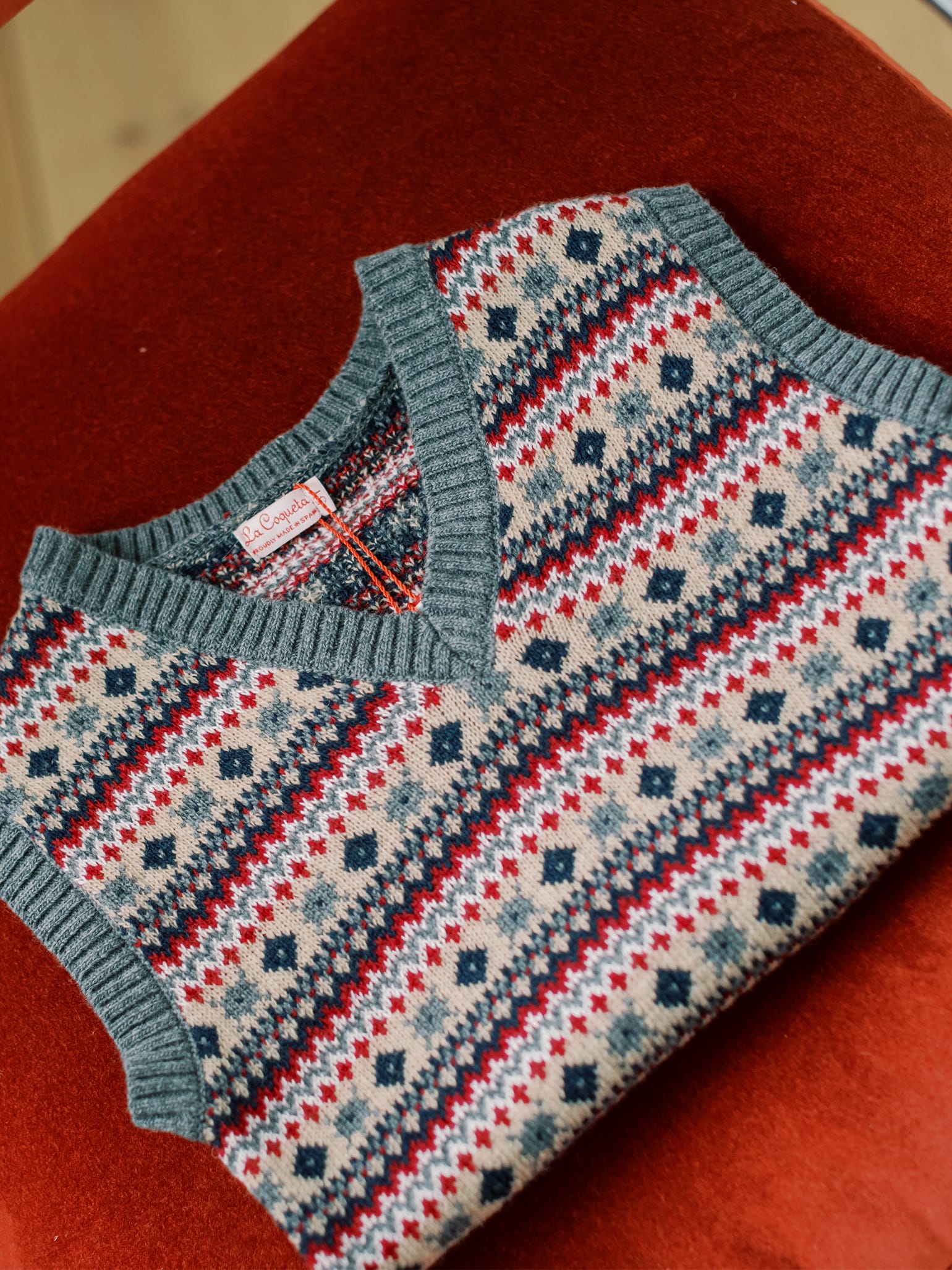Navy Cacia Fair Isle Merino Kids Sleeveless Jumper
