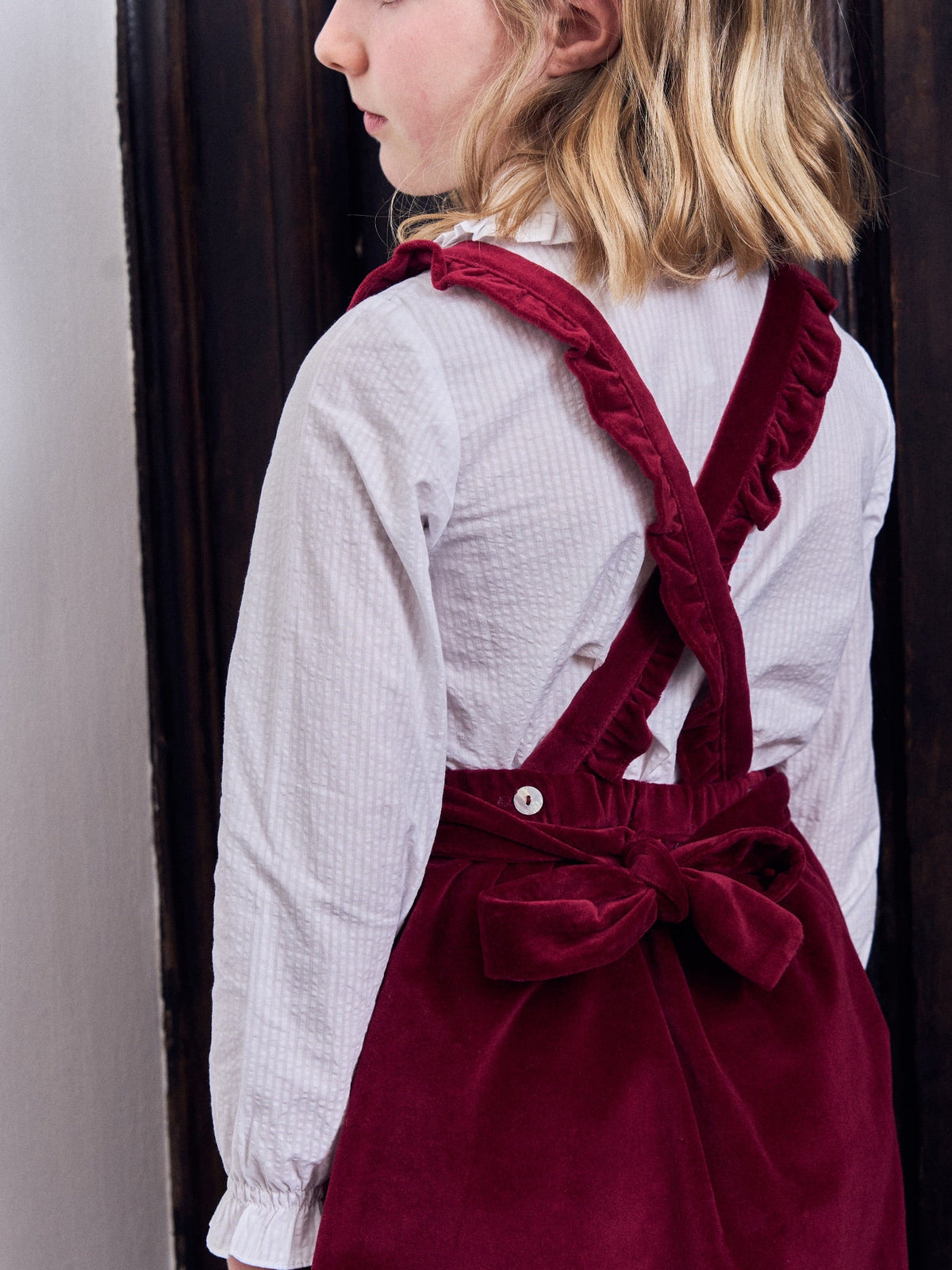 Burgundy Reina Velvet Girl Pinafore Skirt