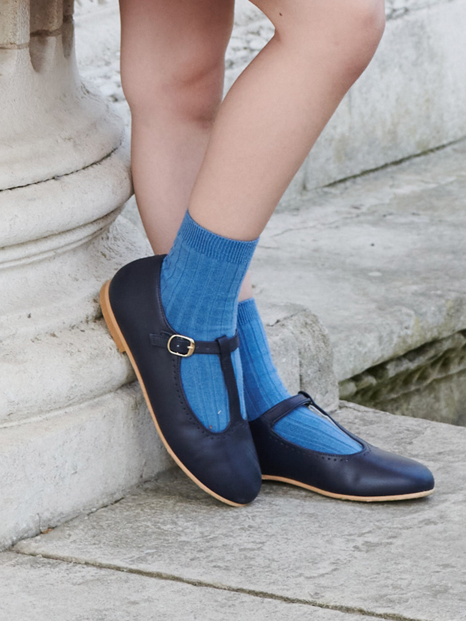 Navy Leather Girl T-Bar Shoes