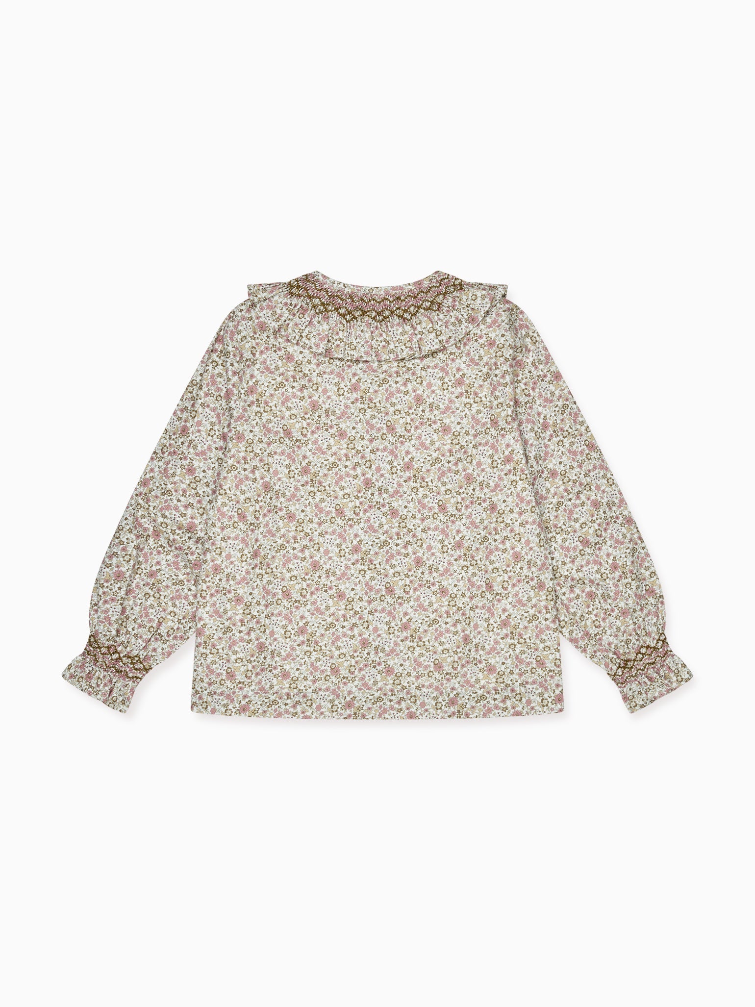 Pink Floral Emanuela Long Sleeve Hand-Smocked Girl Shirt