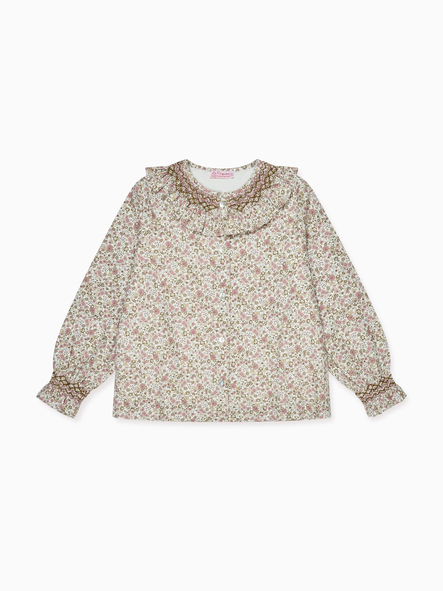 Pink Floral Emanuela Long Sleeve Hand-Smocked Girl Shirt