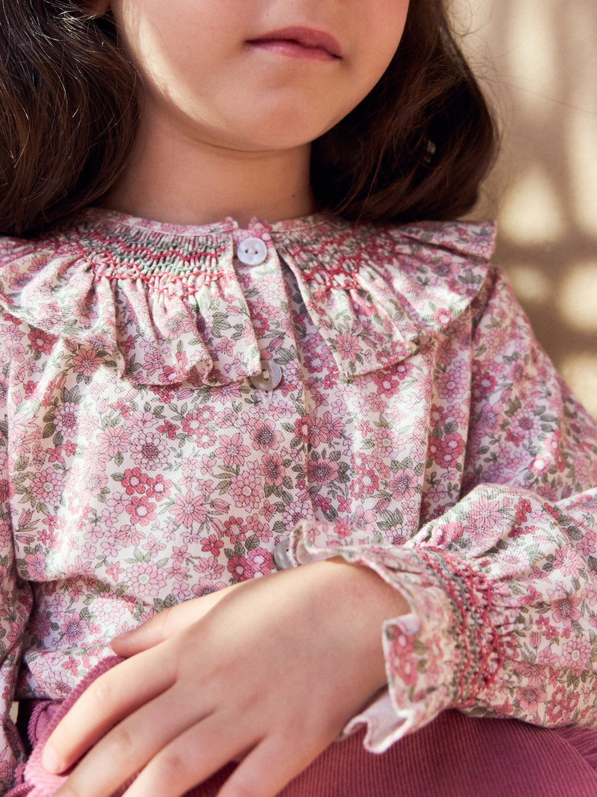 Pink Floral Emanuella Long Sleeve Girl Hand-Smocked Shirt