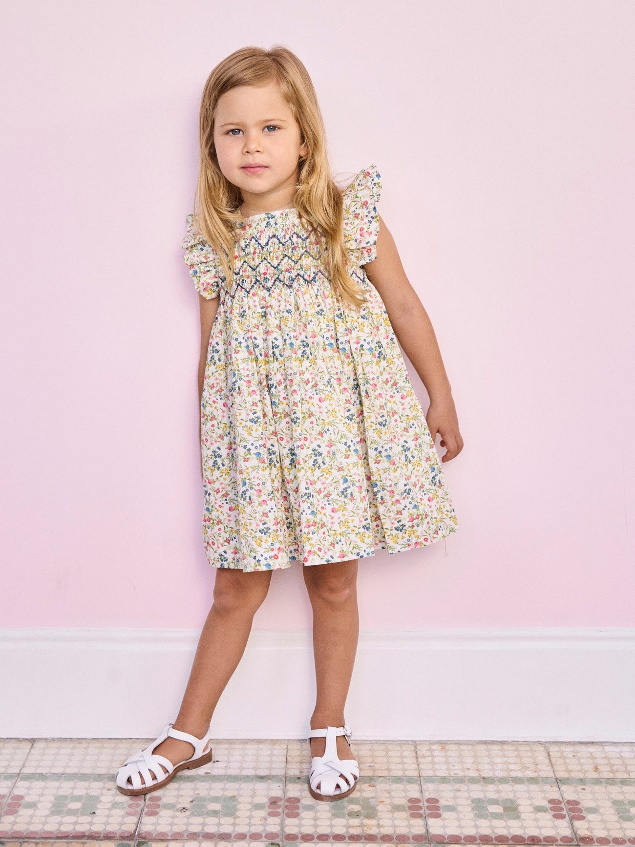 Ivory Floral Estefana Girl Hand-Smocked Dress