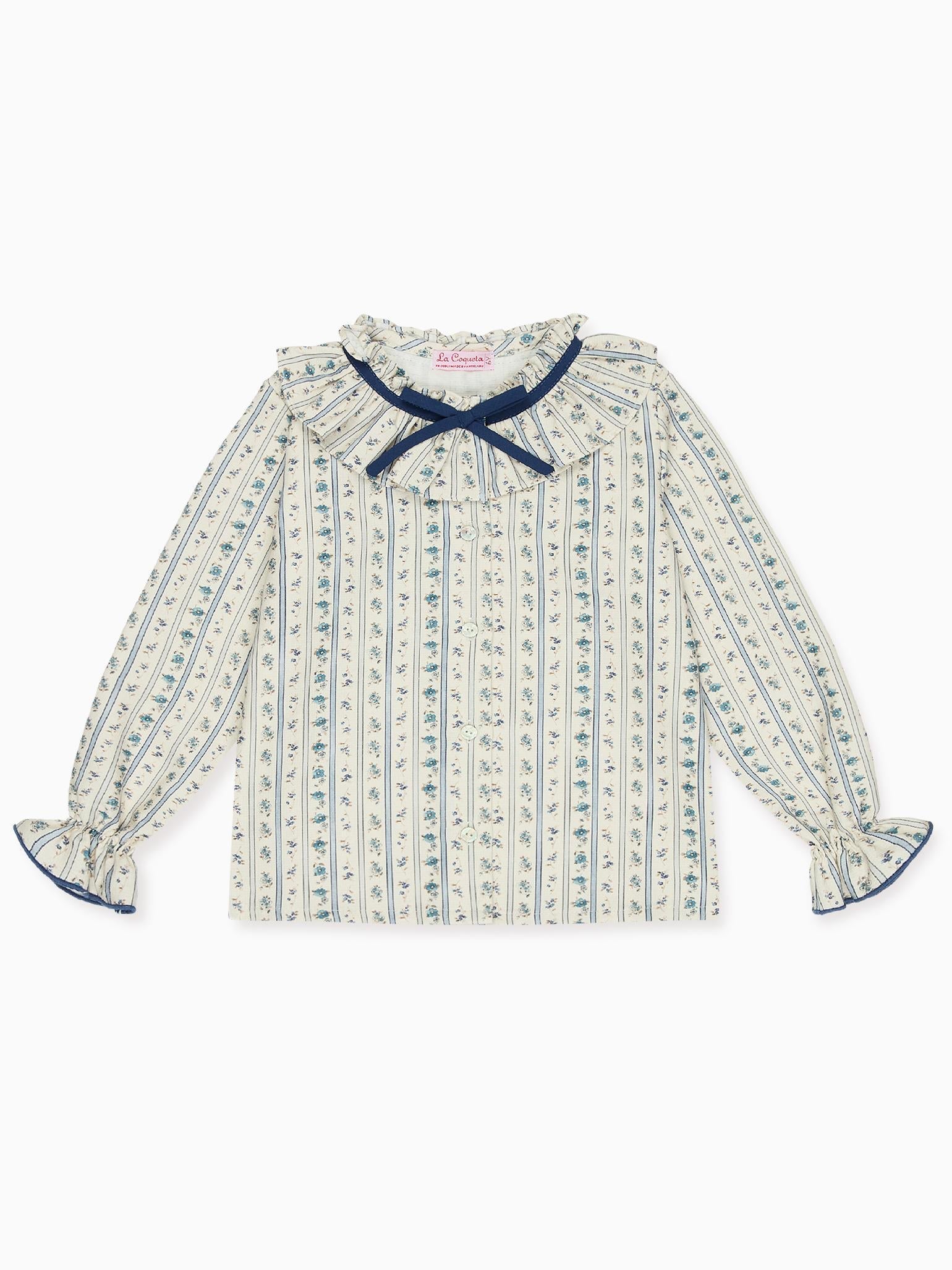 Blue Floral Stripe Felixia Long Sleeve Girl Shirt