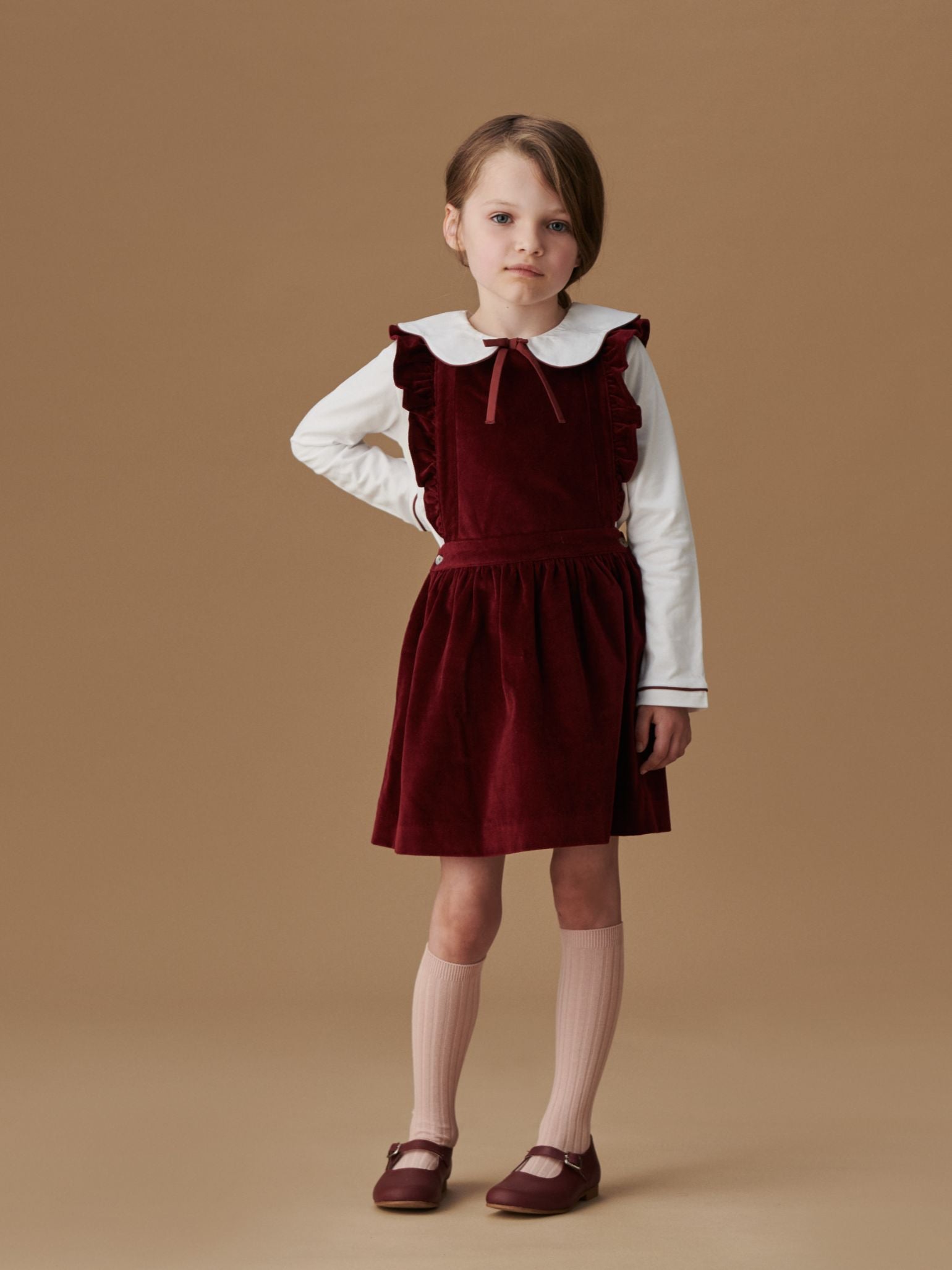 Burgundy Cora Velvet Girl Pinafore Skirt