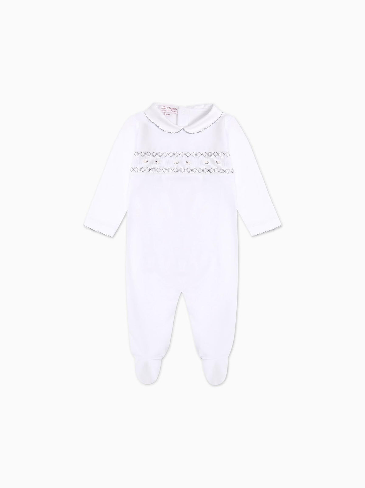 White Lamb Baby Girl Hand-Smocked Sleepsuit
