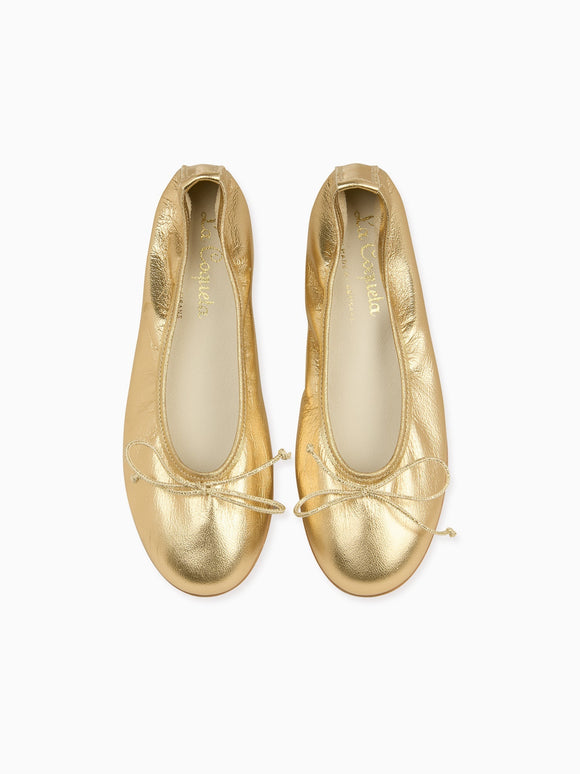 Gold Leather Girl Bow Ballerina Shoes