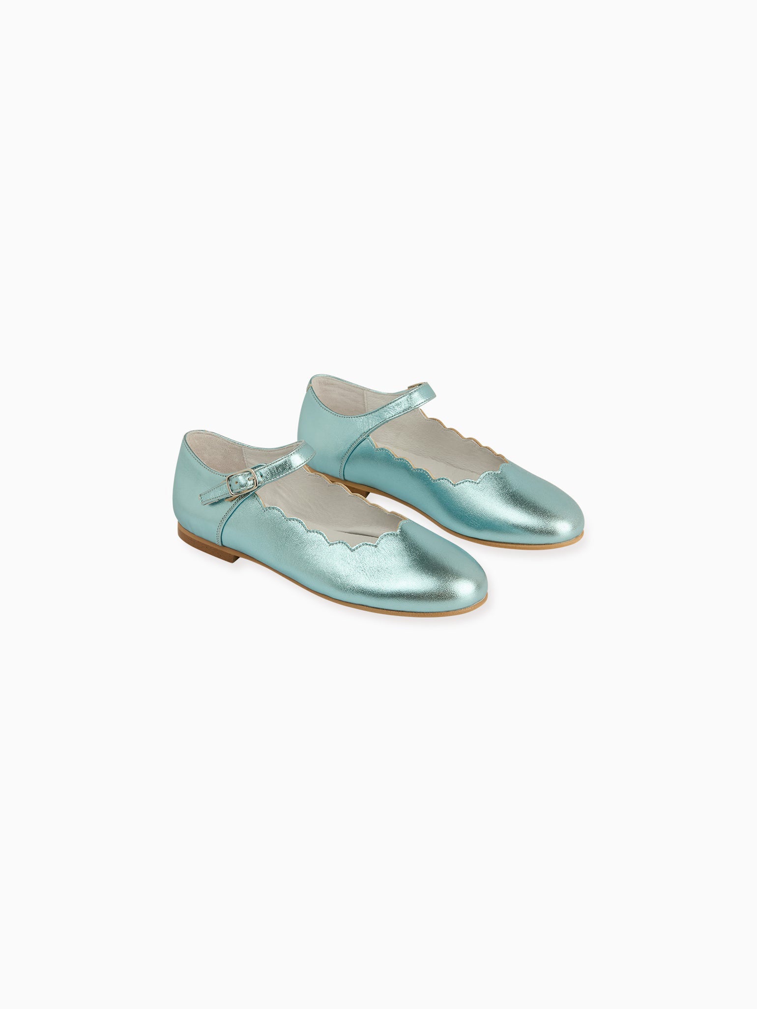 Metallic Blue Leather Girl Scallop Mary Jane Shoes