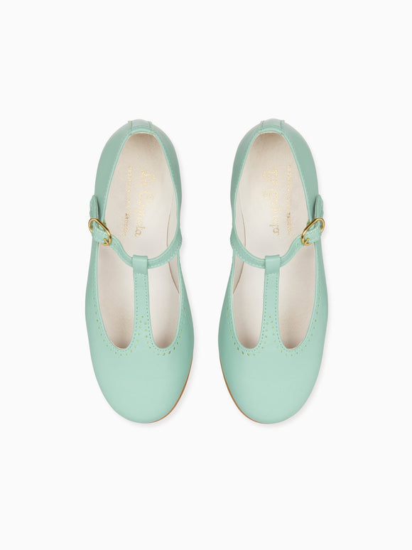 Pale Green Leather Girl T-Bar Shoes