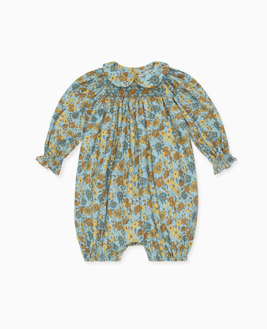 Blue Floral Palma Baby Girl Hand-Smocked Romper