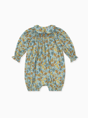 Blue Floral Palma Baby Girl Hand-Smocked Romper
