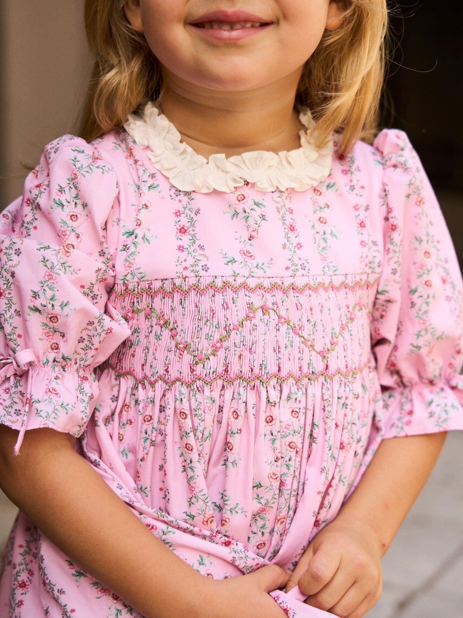 Pink Garland Floral Penelope Girl Hand-Smocked Dress