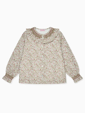 Pink Floral Emanuela Long Sleeve Hand-Smocked Girl Shirt