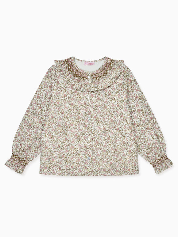 Pink Floral Emanuela Long Sleeve Hand-Smocked Girl Shirt