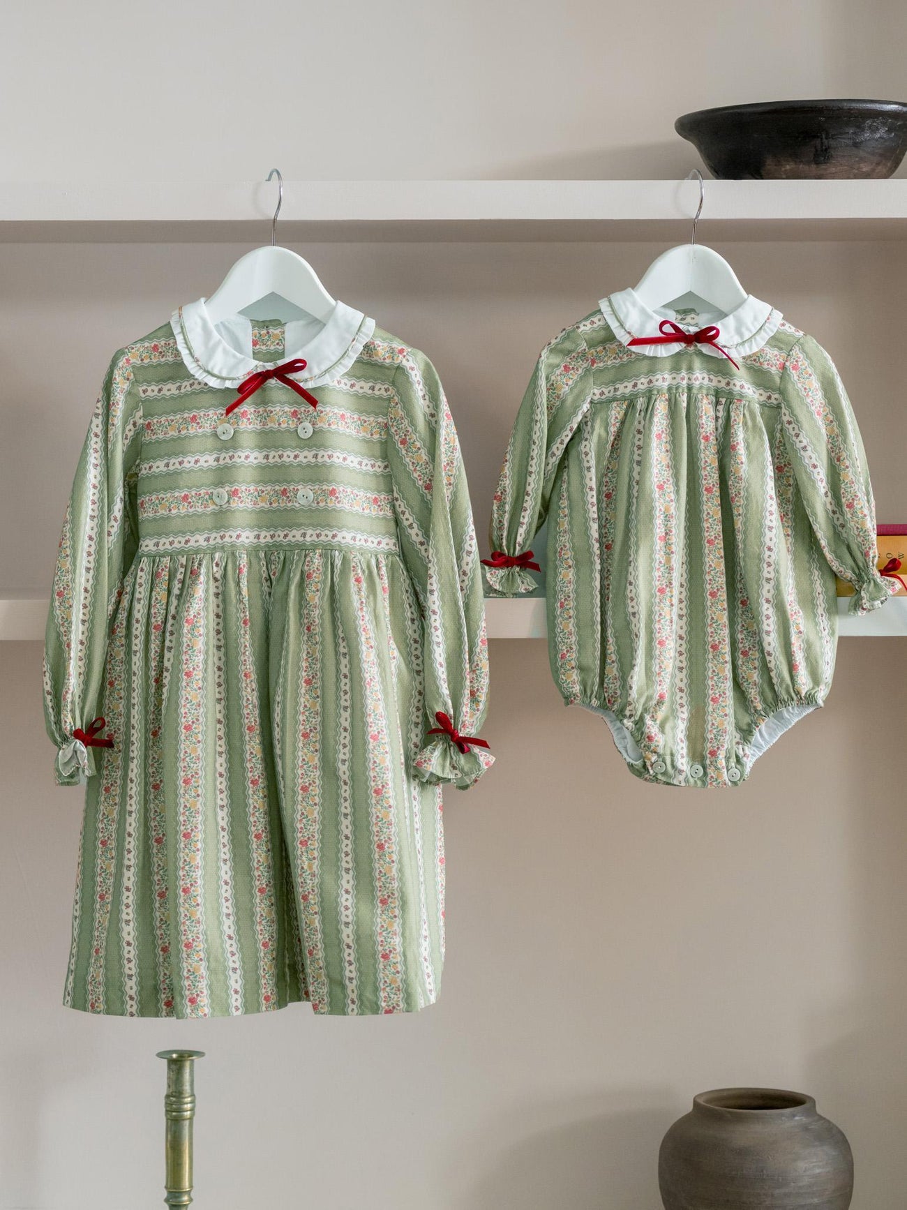 Sage Green Floral Stripe Senna Baby Girl Romper