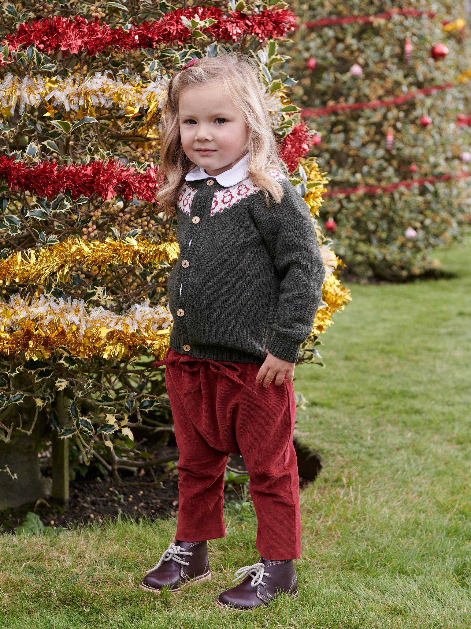 Olive Green Pura Fair Isle Merino Baby Cardigan