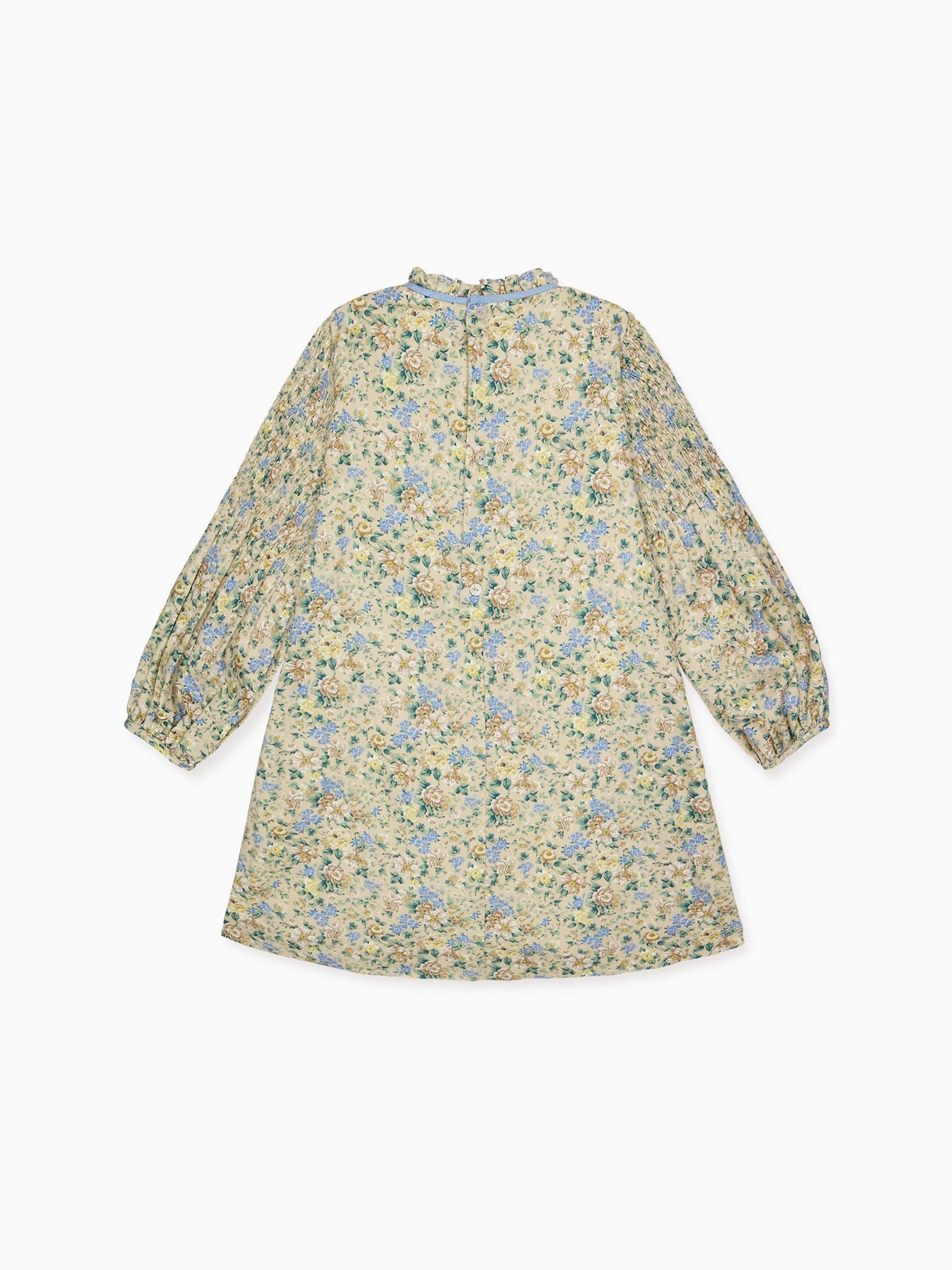 Beige Floral Raya Girl Hand-Smocked Dress
