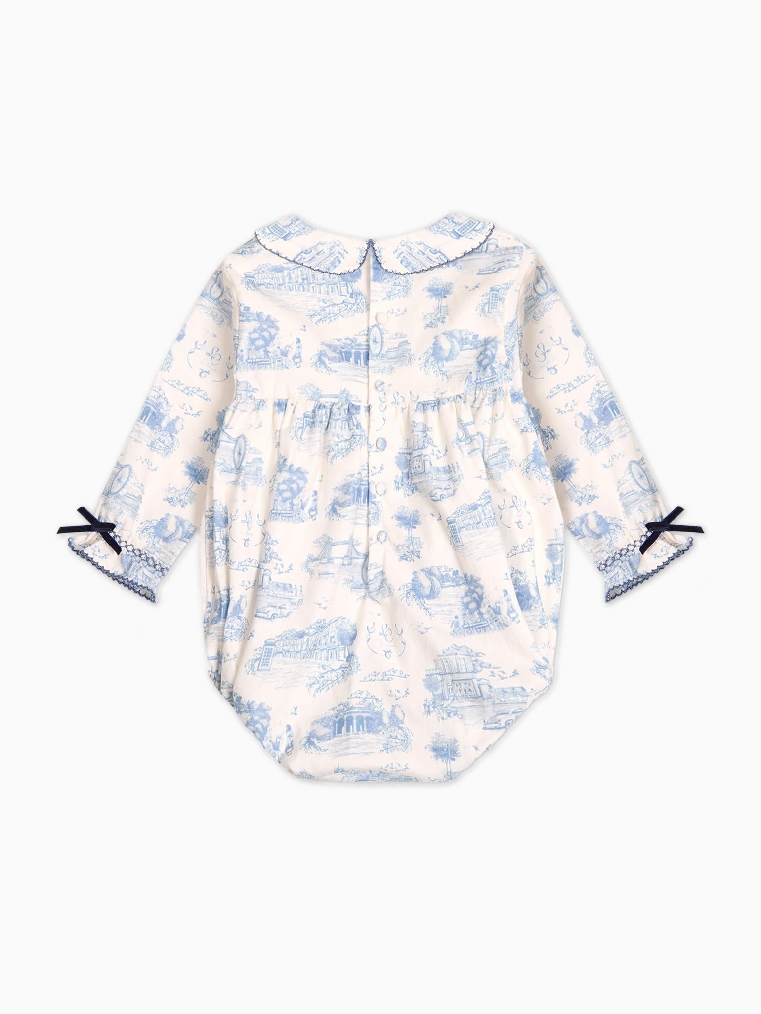 Blue Toile De Jouy Sabrina Baby Girl Smocked Romper
