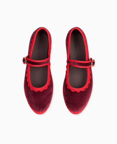 Flabelus x La Coqueta Girl Burgundy Velvet Girl Mary Jane Shoes