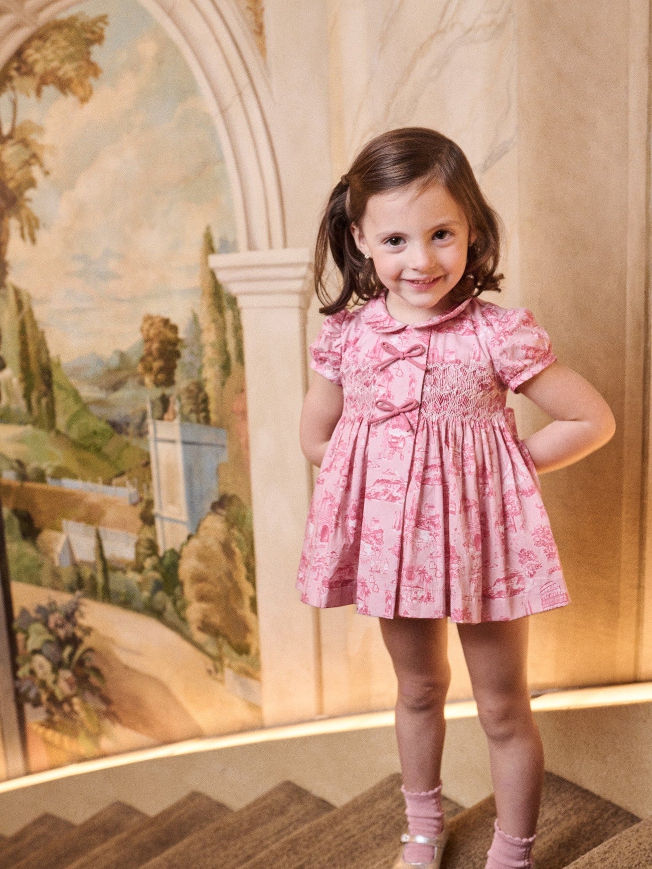 Nicky Hilton x La Coqueta Pink Toile de Jouy Theodora Baby Girl Hand-Smocked Set