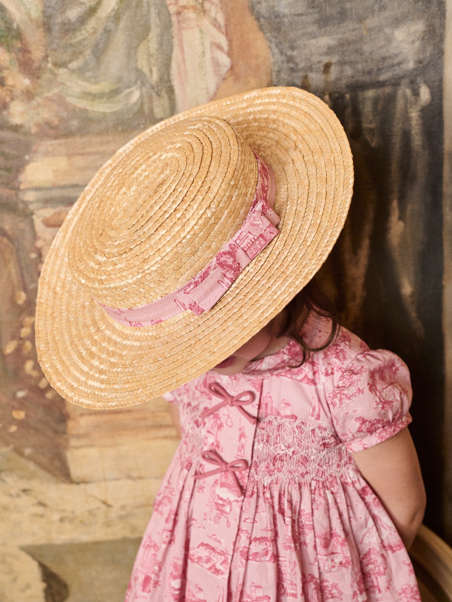 Nicky Hilton x La Coqueta Pink Toile de Jouy Portia Girl Straw Hat