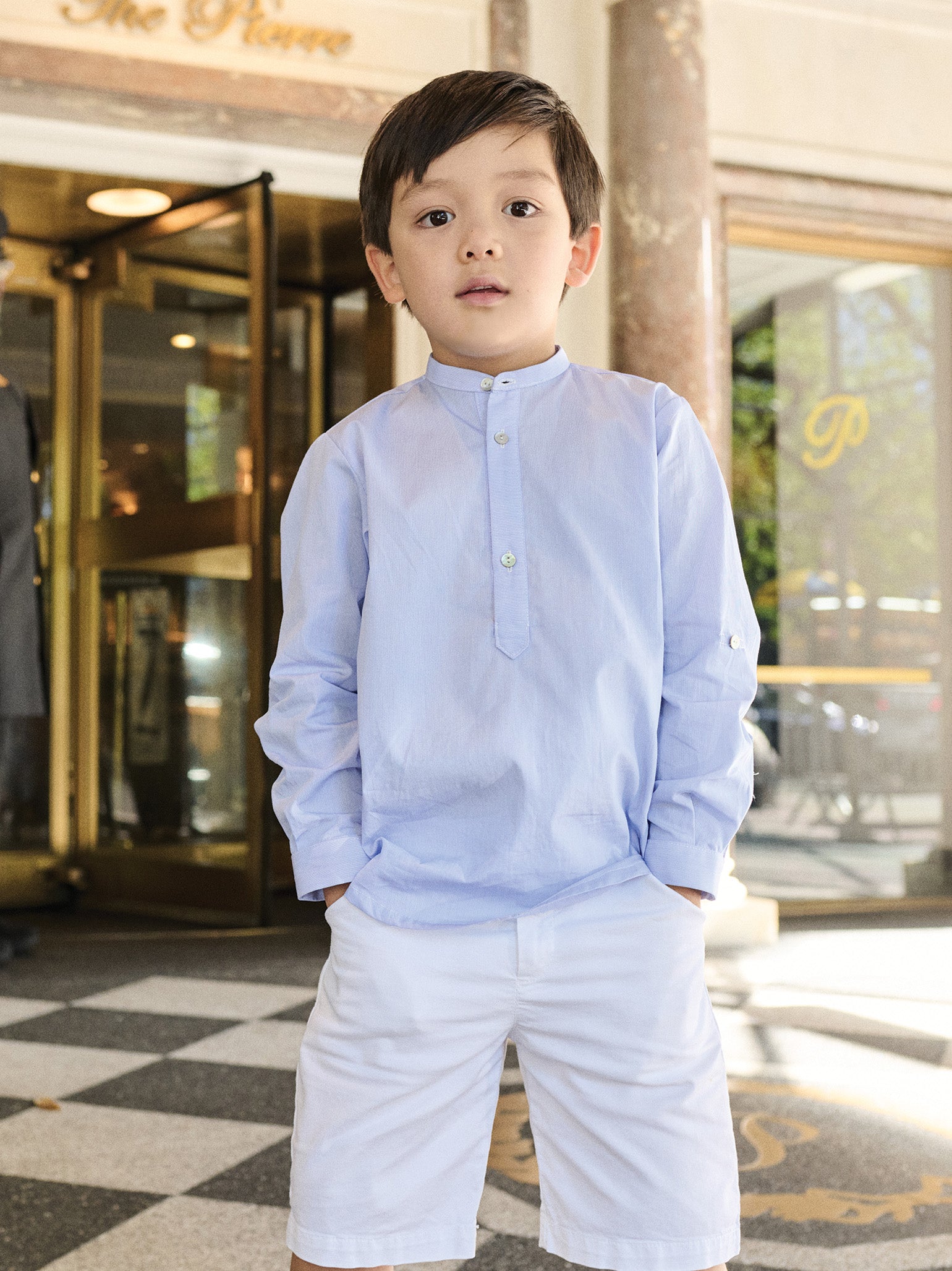 Nicky Hilton x La Coqueta Blue Stripe Nicholai Long Sleeve Boy Shirt