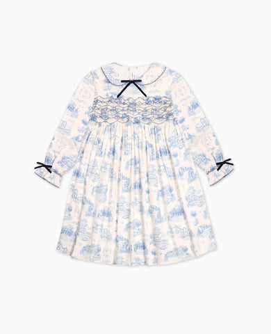Blue Toile De Jouy Alice Girl Hand-Smocked Dress