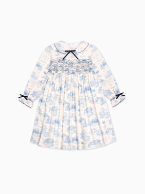 Blue Toile De Jouy Alice Girl Hand-Smocked Dress