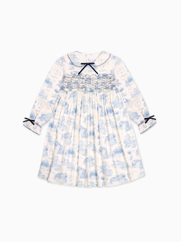 Blue Toile De Jouy Alice Girl Hand-Smocked Dress
