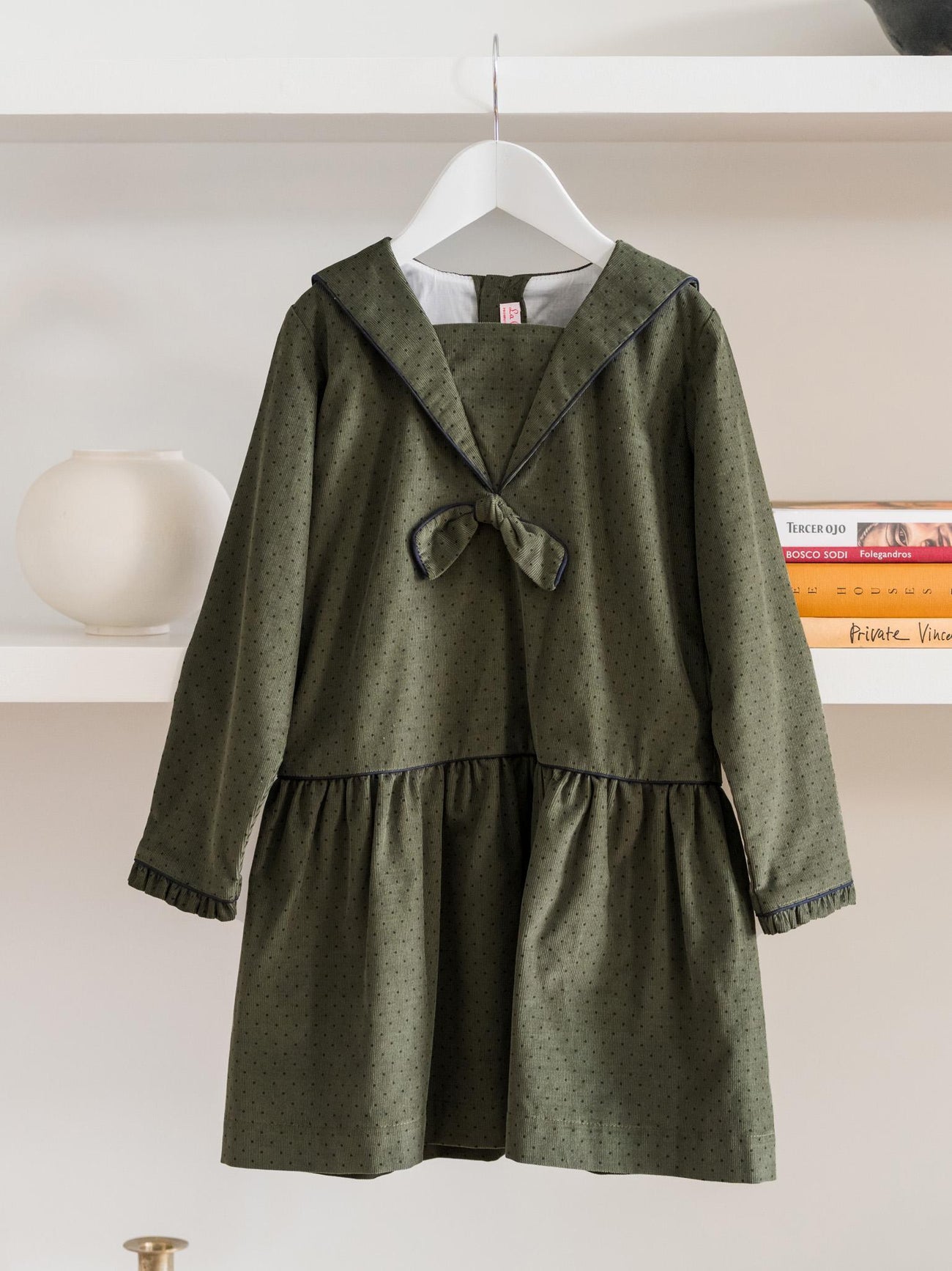 Olive Polka Dot Aranda Corduroy Girl Drop Waist Dress