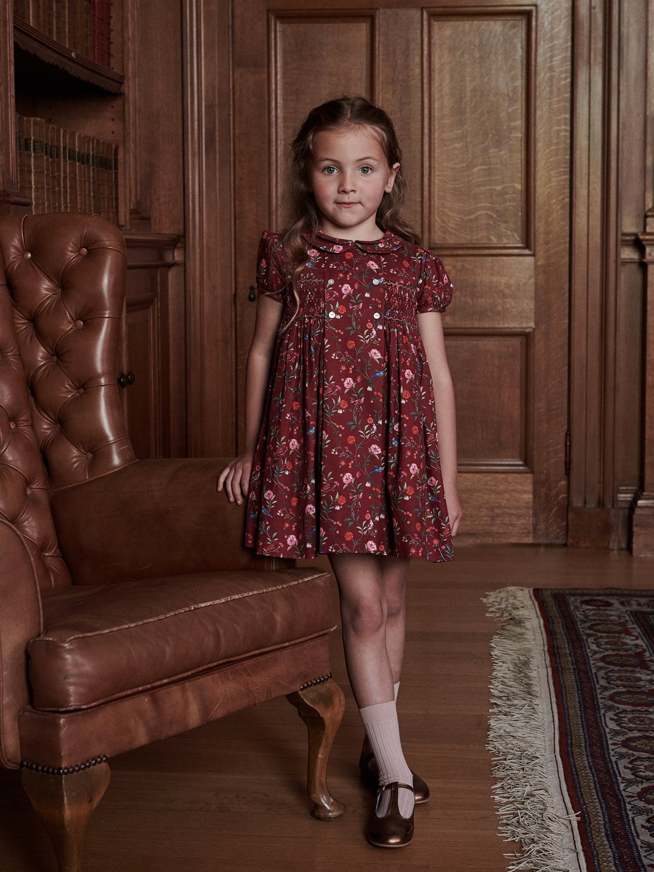 Burgundy Floral Arcadia Girl Hand-Smocked Dress