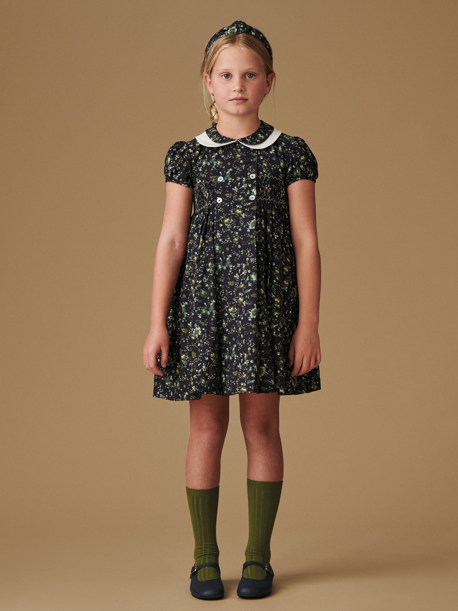 Navy Floral Arcadia Girl Hand-Smocked Dress