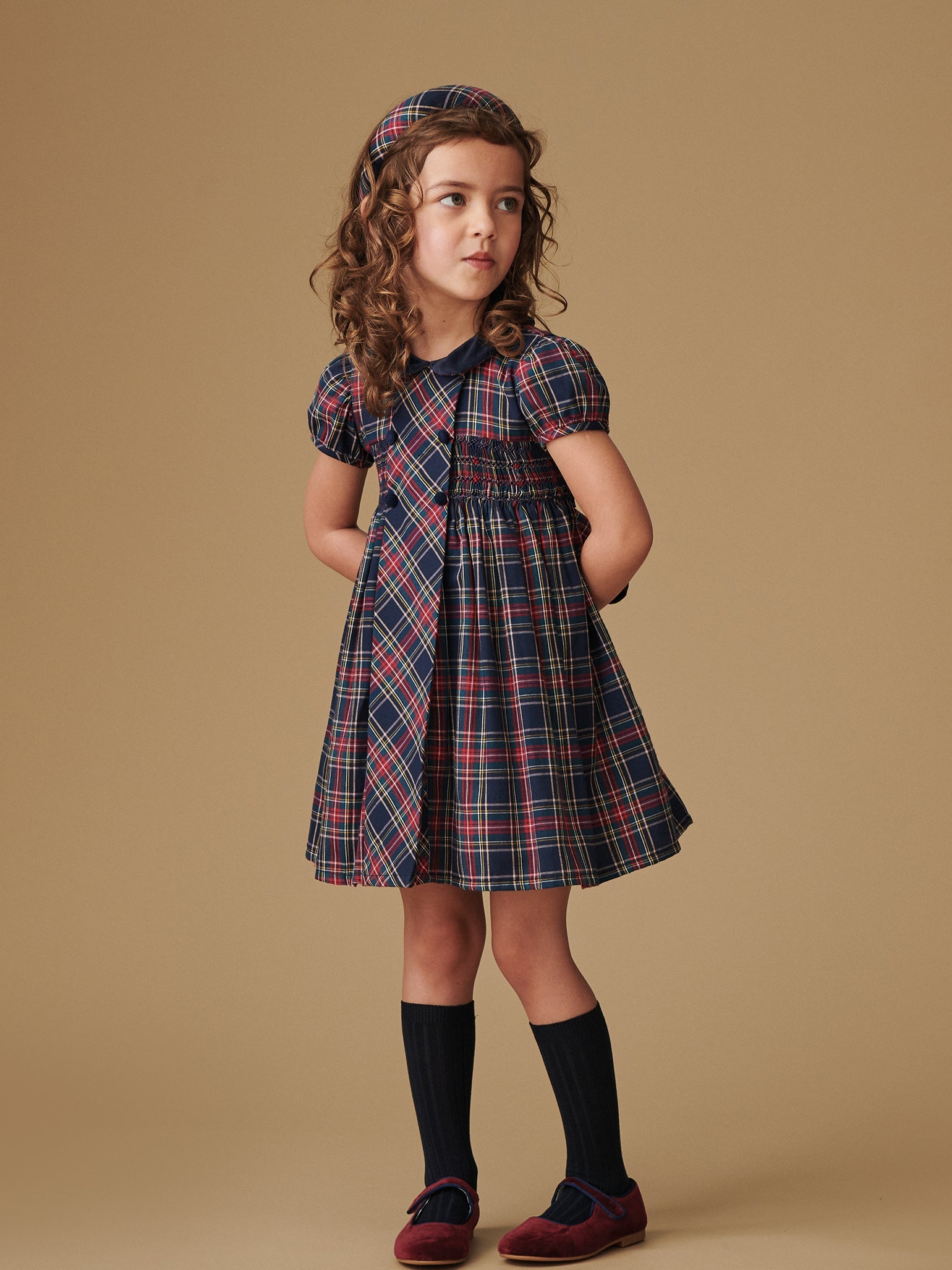 Navy Tartan Arcadia Girl Hand-Smocked Dress