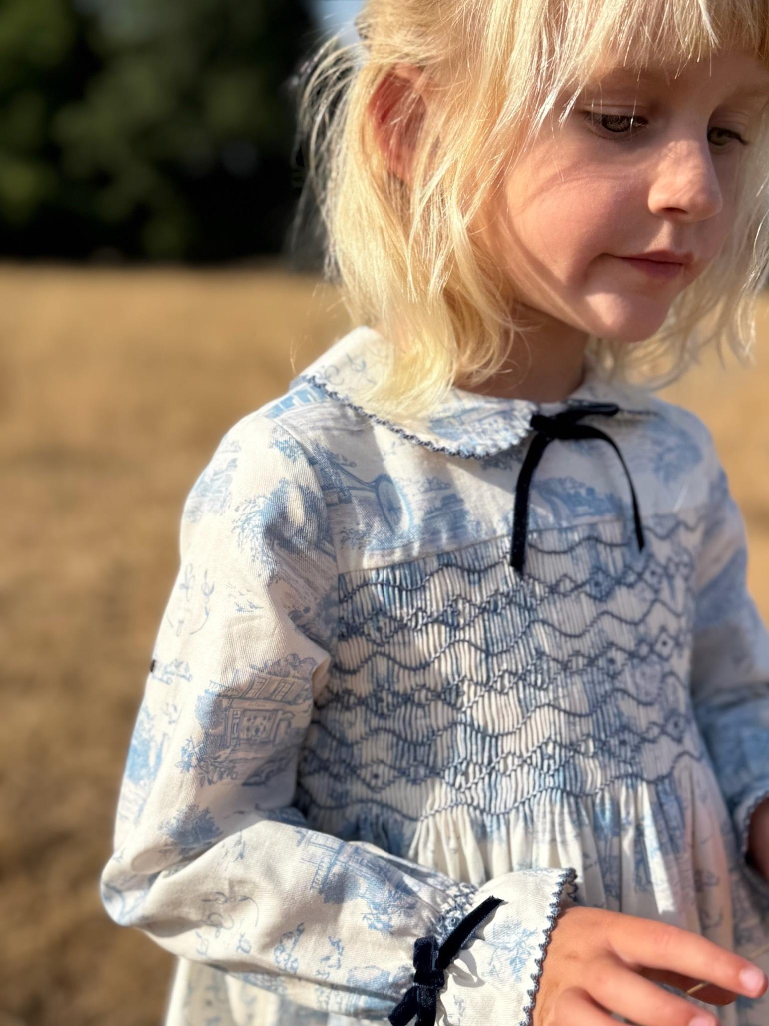 Blue Toile De Jouy Alice Girl Hand-Smocked Dress