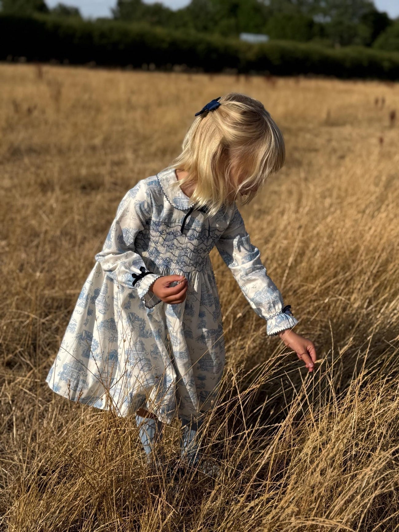 Blue Toile De Jouy Alice Girl Hand-Smocked Dress