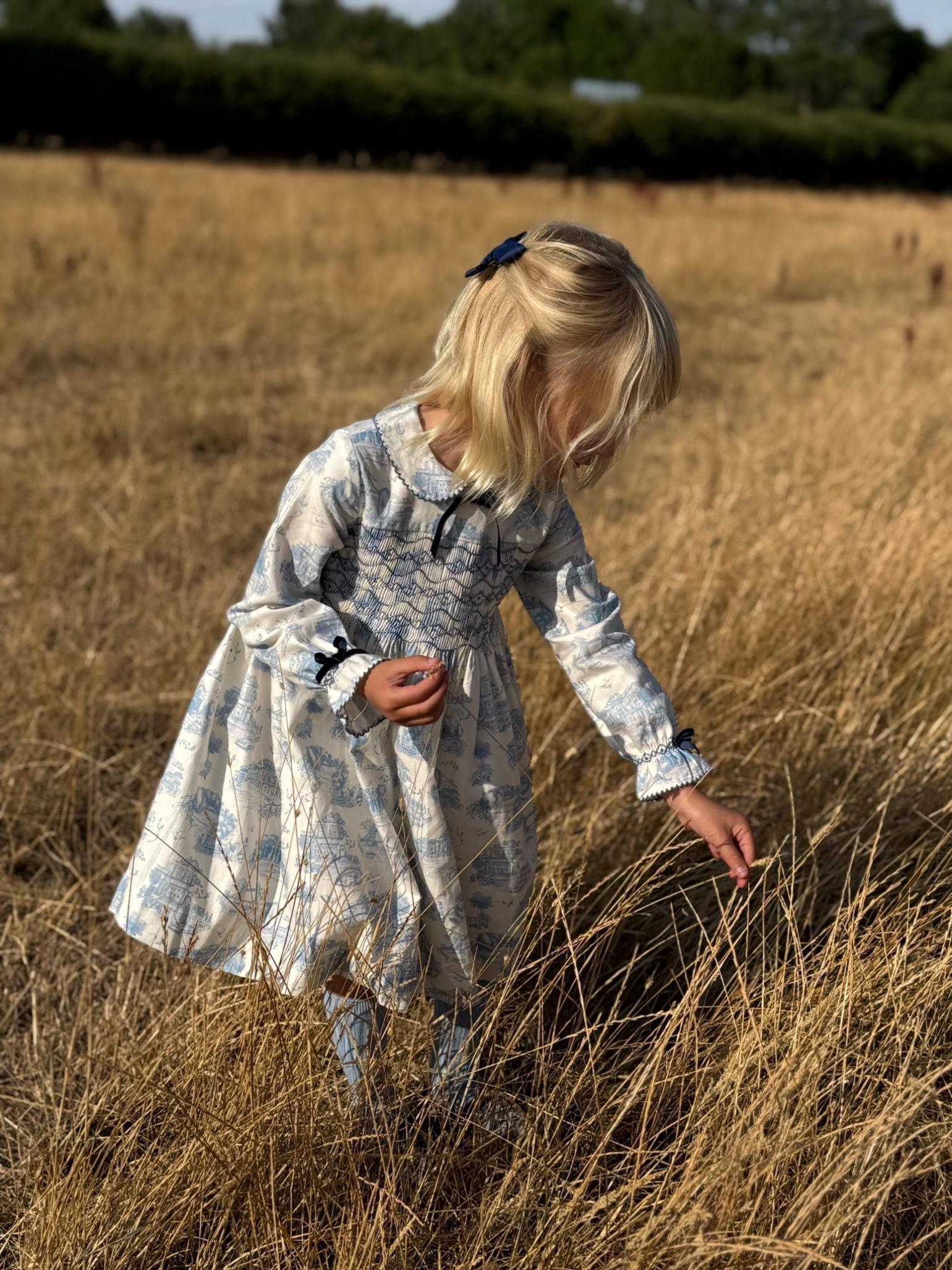 Blue Toile De Jouy Alice Girl Hand-Smocked Dress