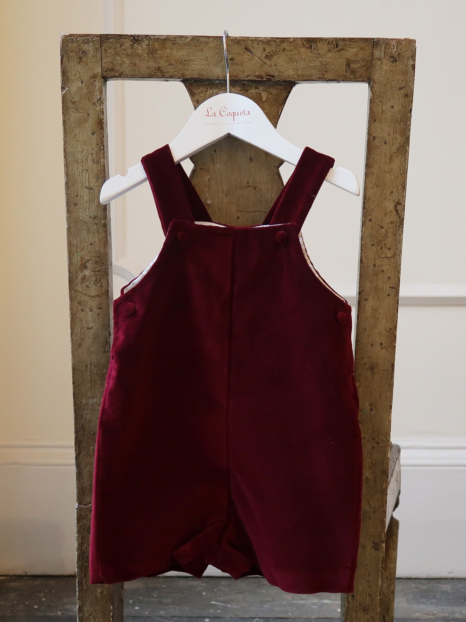 Burgundy Buganvilla Velvet Baby Dungarees