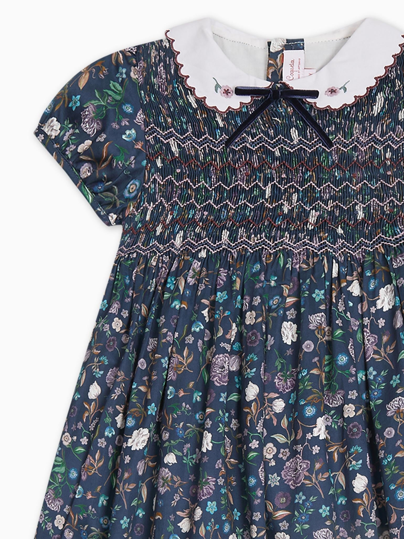 Navy Floral Carmen Girl Hand-Smocked Dress