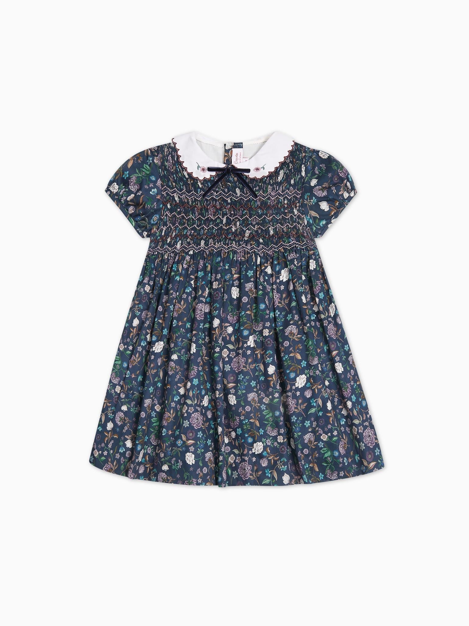 Navy Floral Carmen Girl Hand-Smocked Dress