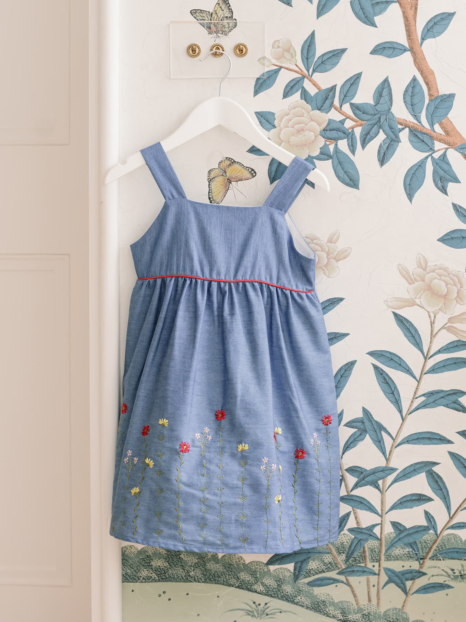 Little offers girl fall clothes, Denim chambray dress off white monogram, baby girl dresses, 3/4 length sleeve dress, family pictures outfit, blue