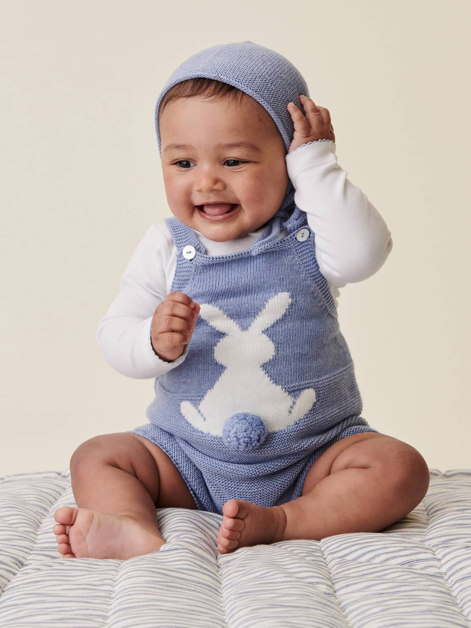 Blue Crispa Cotton Bunny Baby Knitted Dungarees