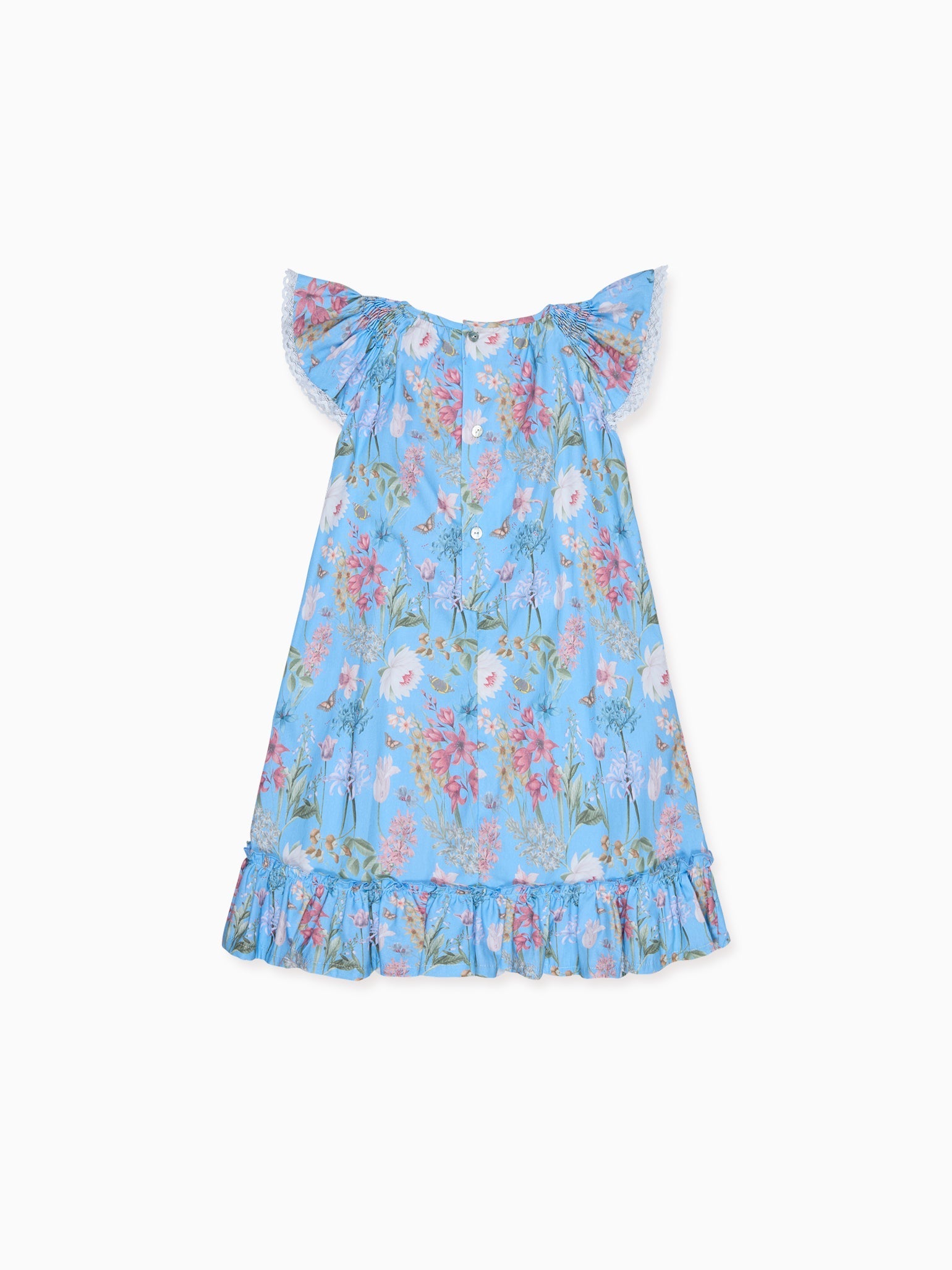 Dusty Blue Floral Dhalia Girl Hand-Smocked Dress