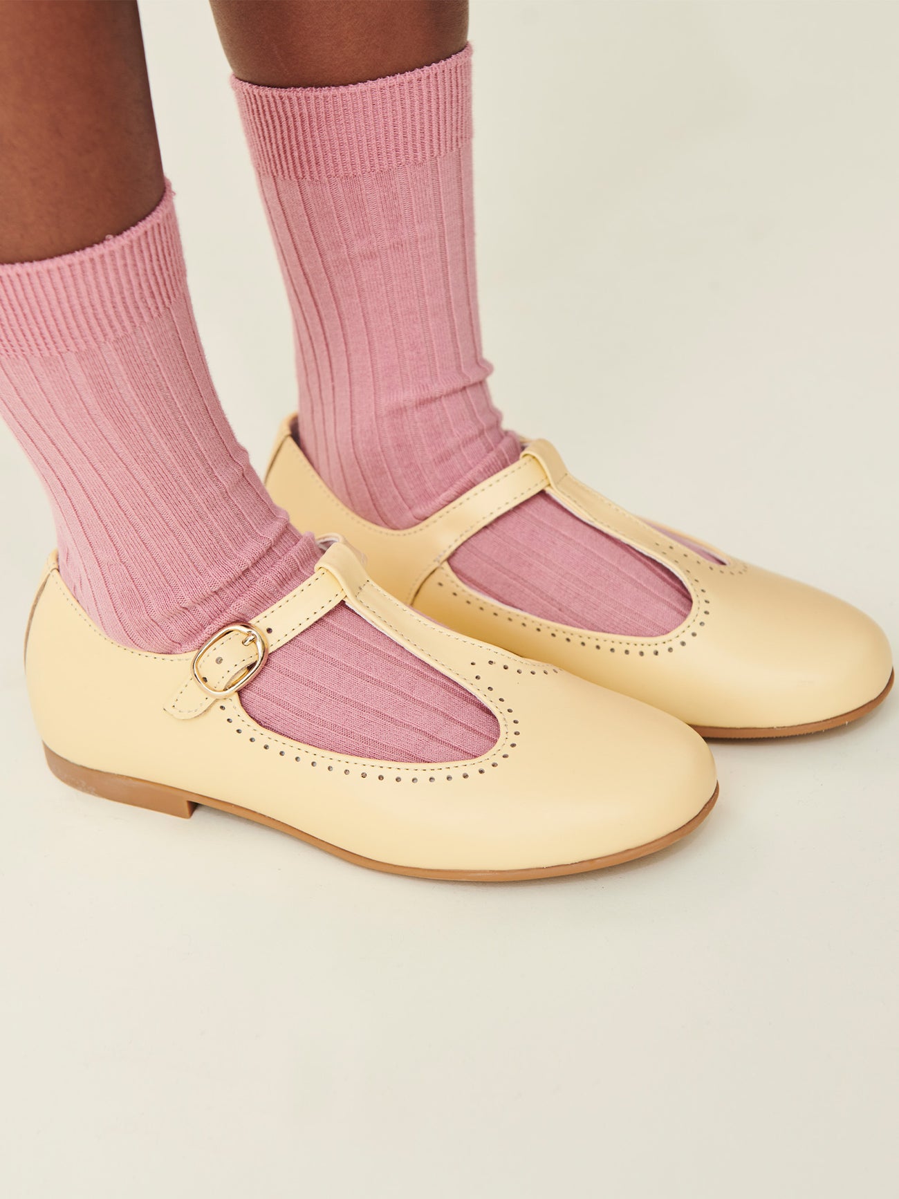 Pale Yellow Leather Girl T-Bar Shoes