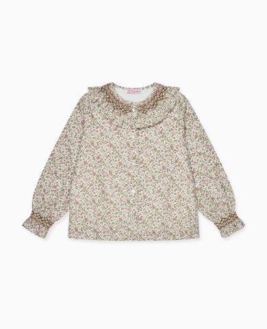 Pink Floral Emanuela Long Sleeve Hand-Smocked Girl Shirt