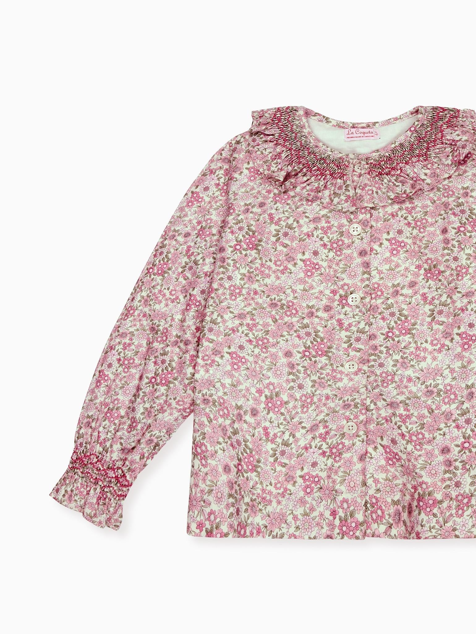 Pink Floral Emanuella Long Sleeve Girl Hand-Smocked Shirt