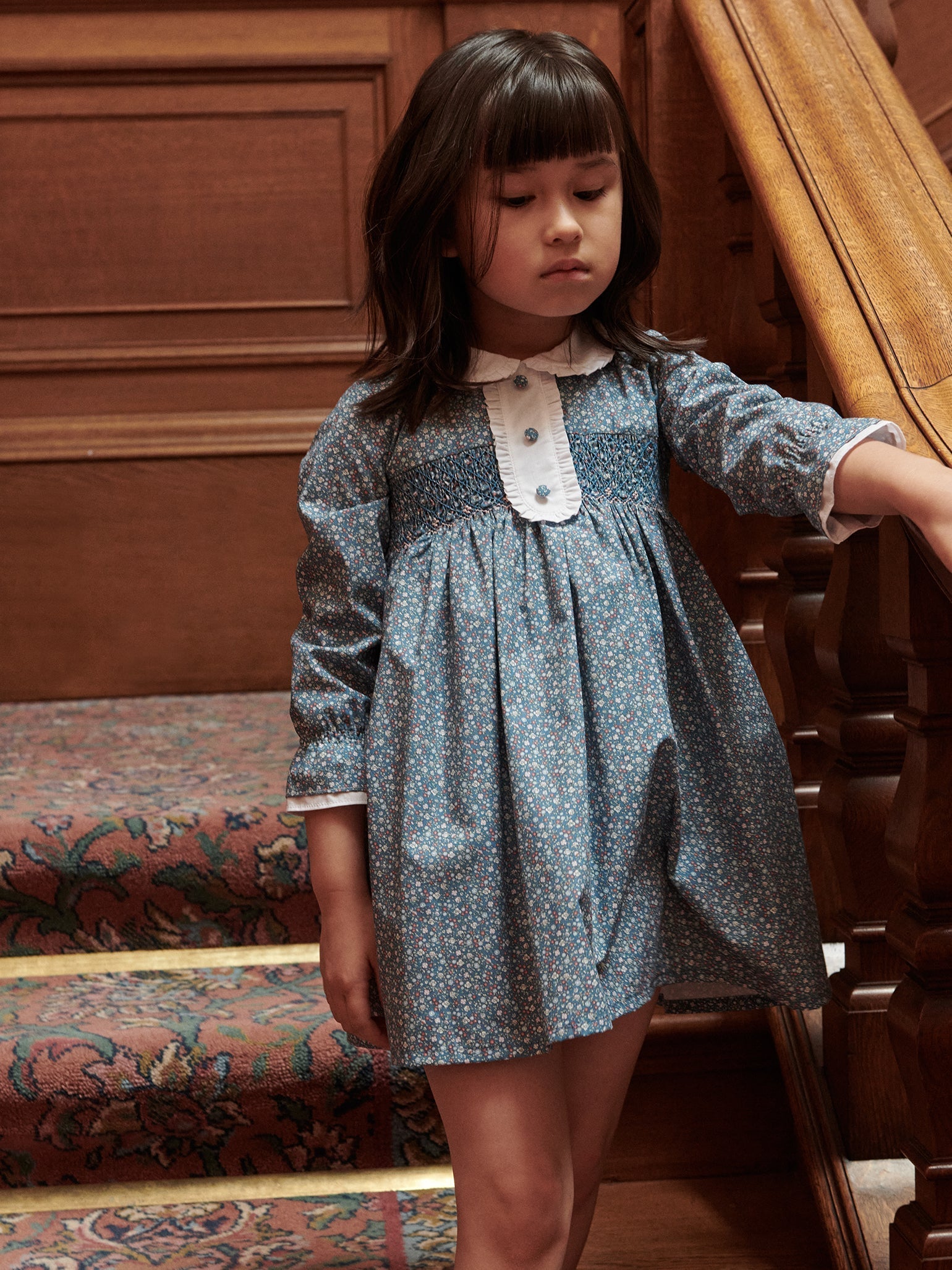 Navy Floral Eugenia Girl Hand-Smocked Dress