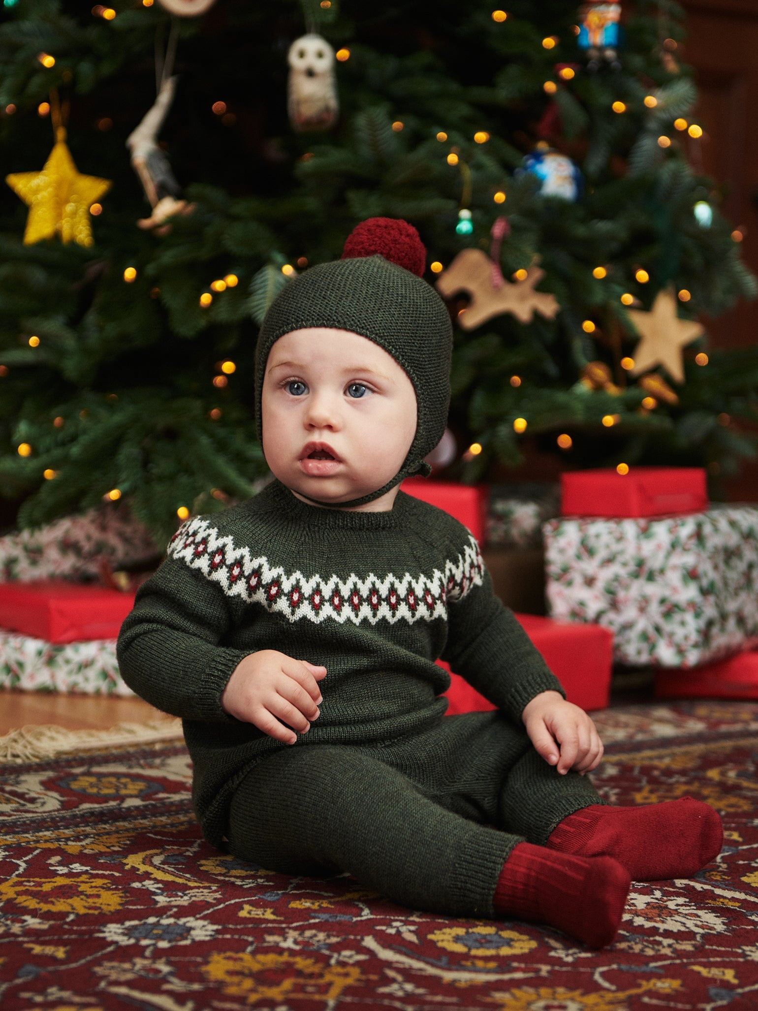 Olive Green Merino Fair Isle Knitted Baby Set