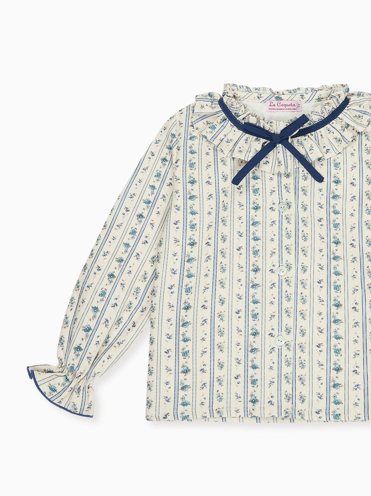 Blue Floral Stripe Felixa Long Sleeve Baby Girl Shirt